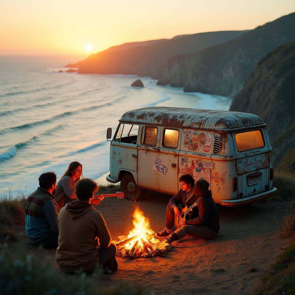 A vintage camper van parked on a cliff overlooking the ocean at sunset, with a group of friends gathered ...  by @GRB