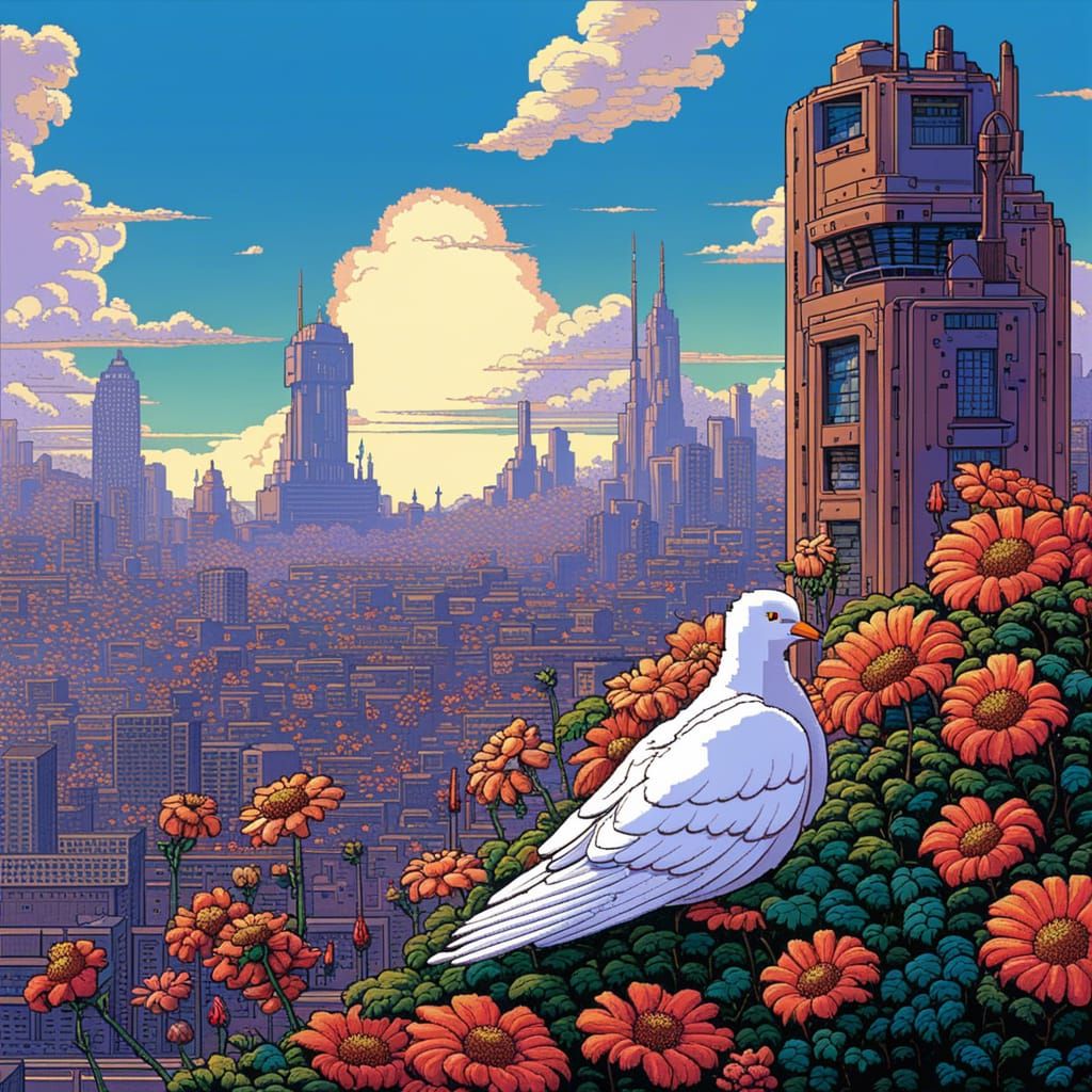 Dove in Solarpunk Cityscape: 16-bit Pixel Art