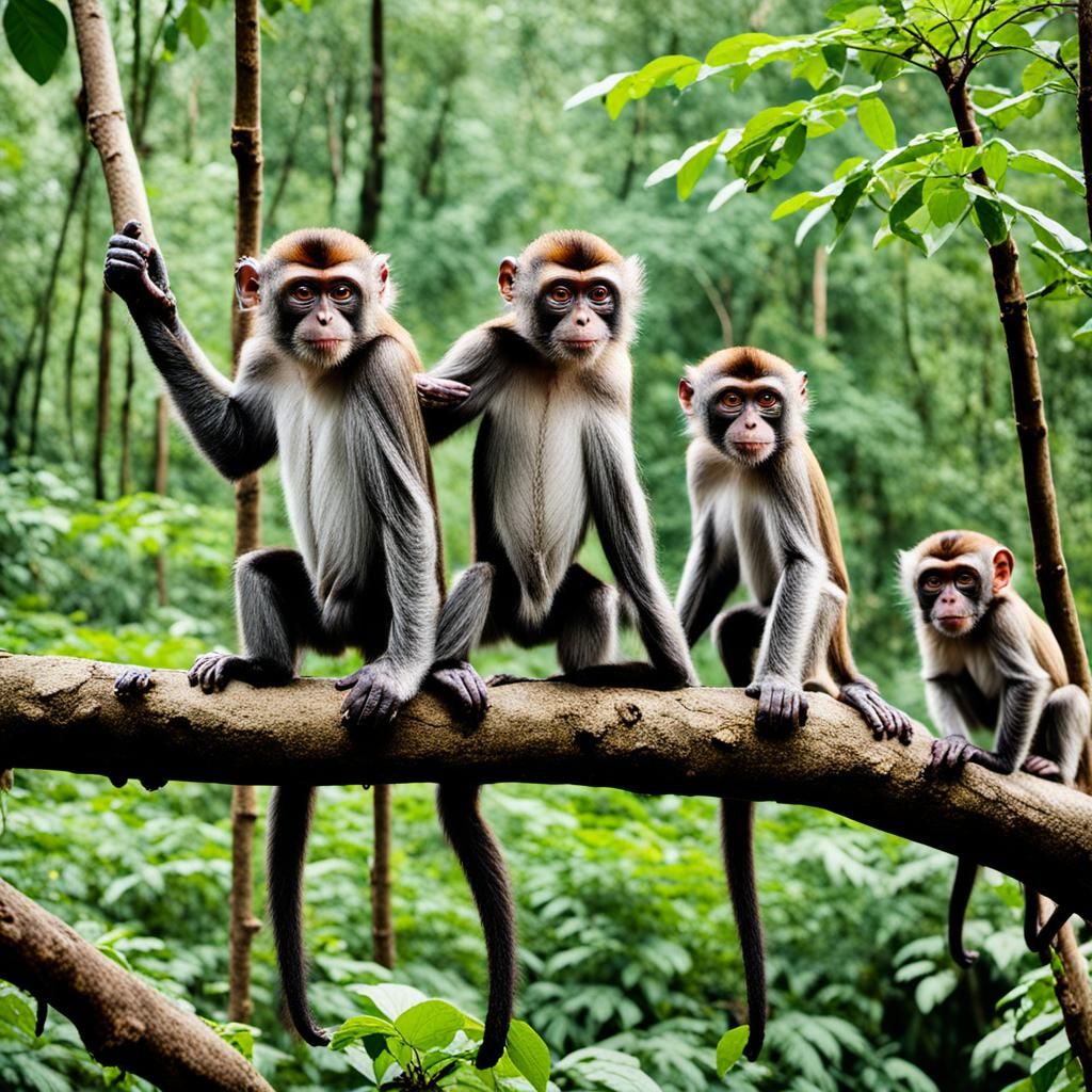 Monkeys Lined Up in Forest with Upside Down Female