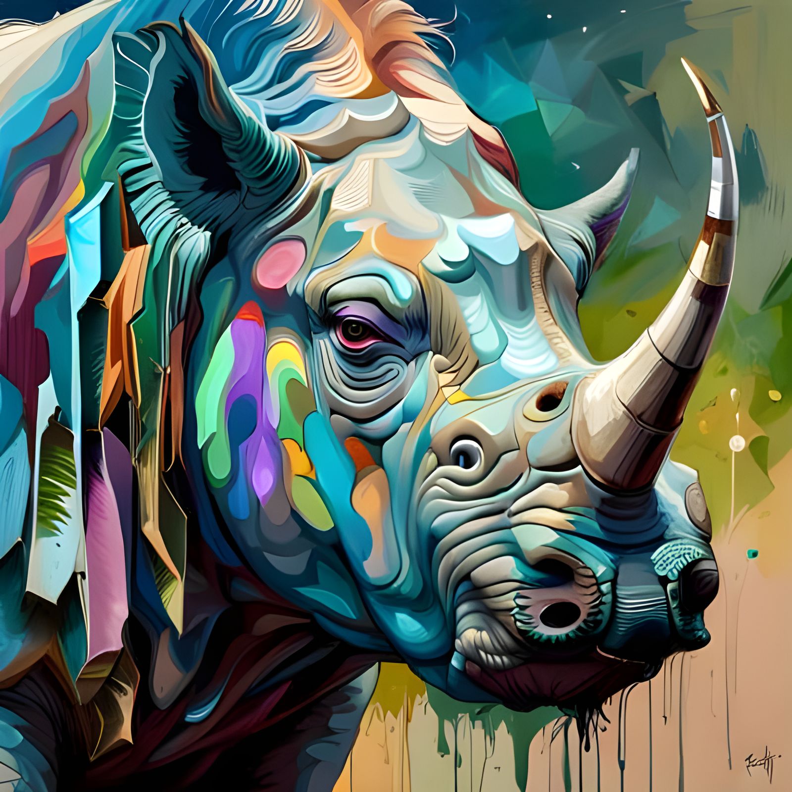 Beautiful Rhinoceros Bull Portrait as Oil Painting