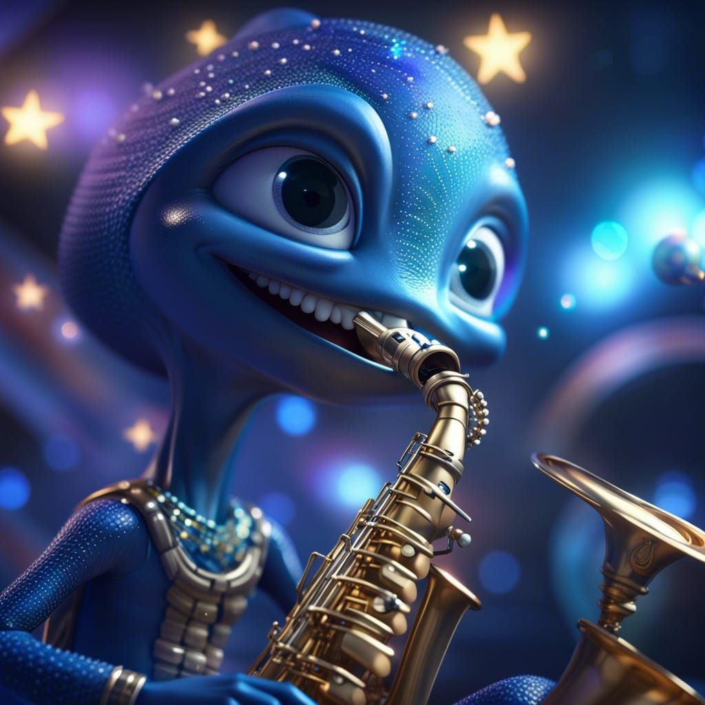 Musician Alien playing the saxophone, stars,in space a bar, ...