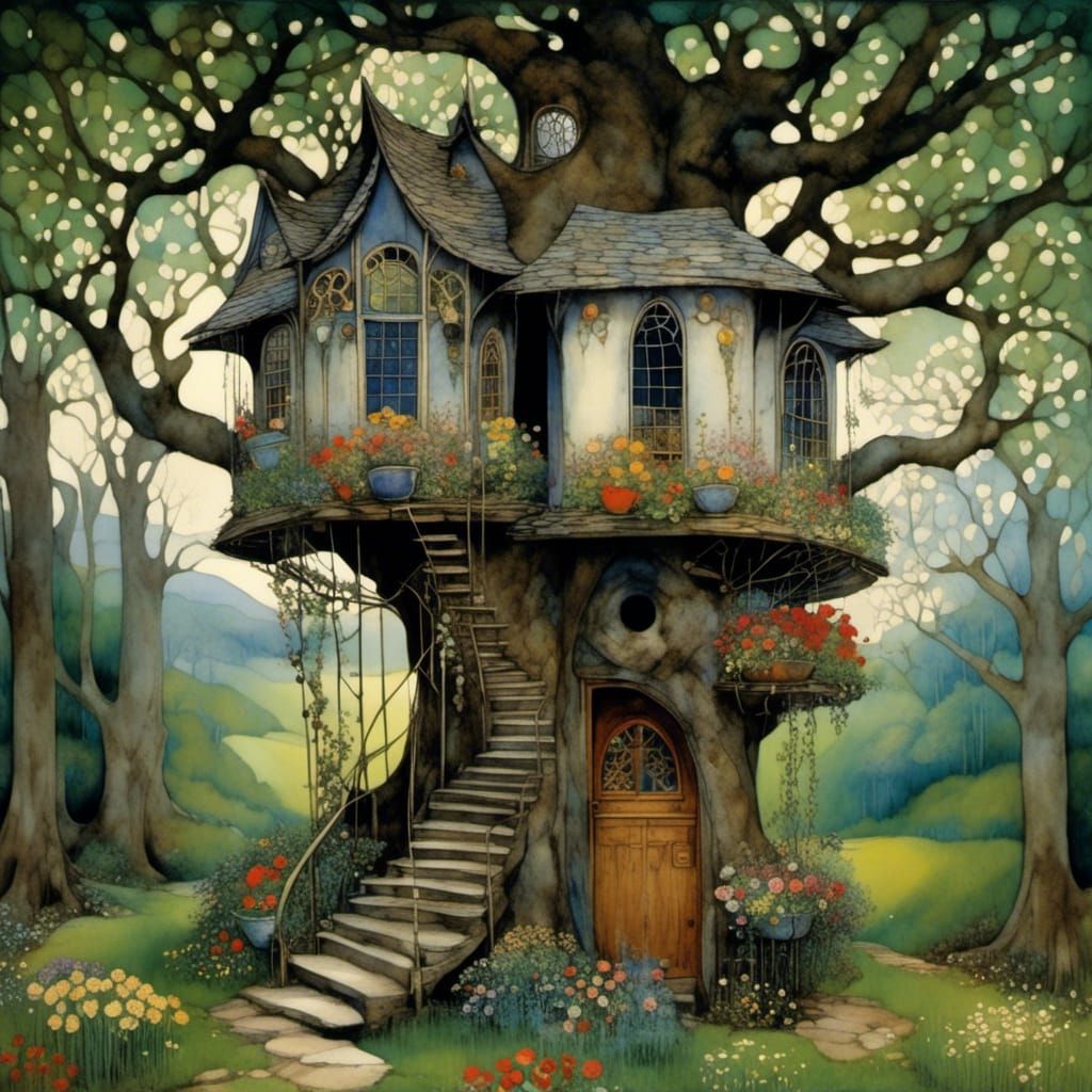 Beautiful rustic tree house full of flower boxes and flower pots, by Frances MacDonald McNair, Marc Chagall ...  by @Tina auf der Blumenwiese