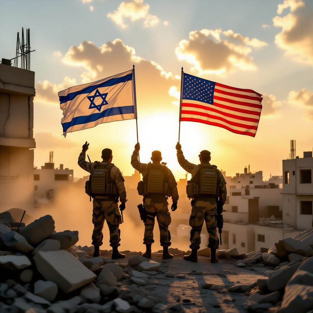 Soldiers on Gaza Rooftop With Israeli and US Flags