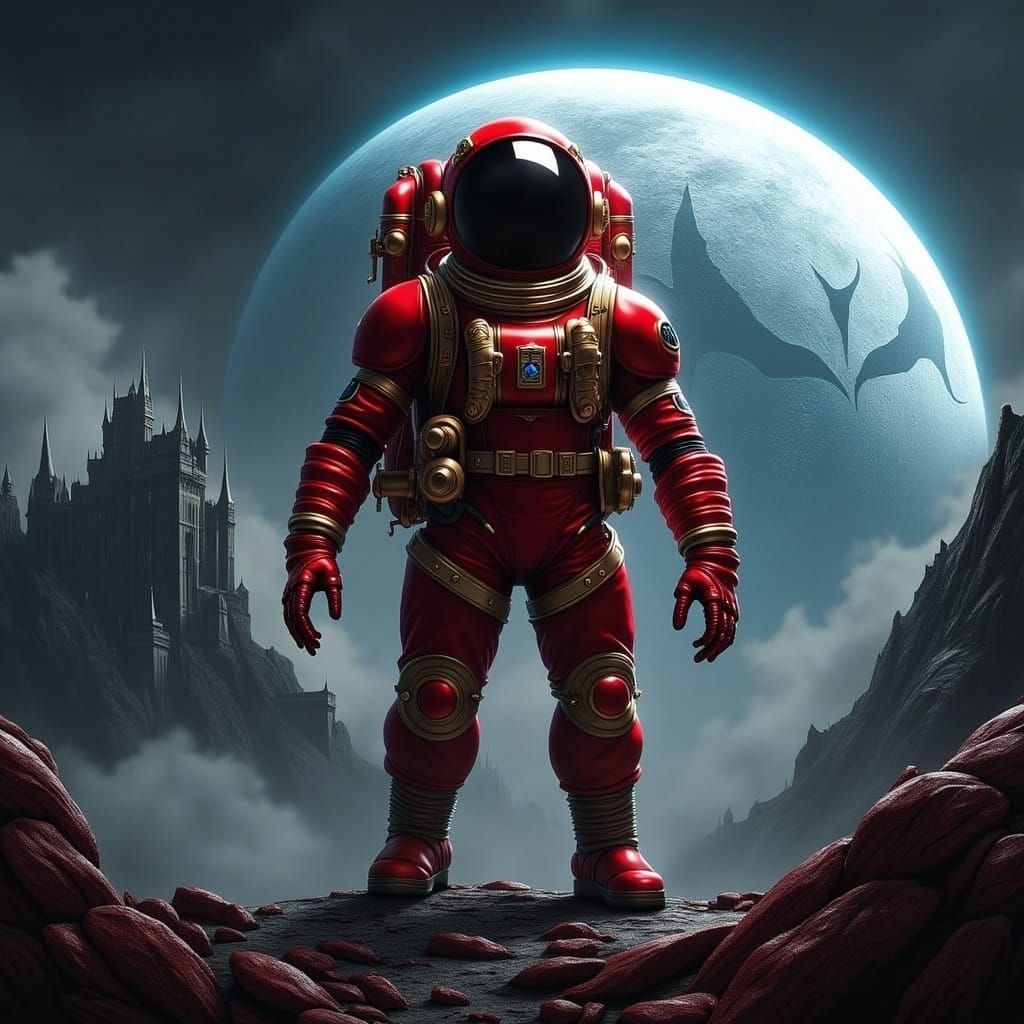 <lora:fluxhorror:1.0> The image shows an astronaut in a red ...