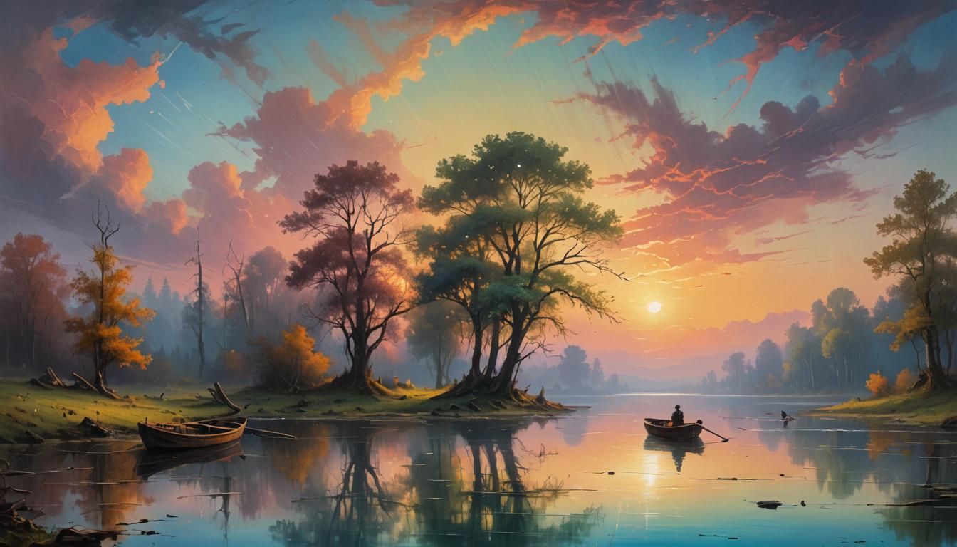 A Serene Landscape with a row boat