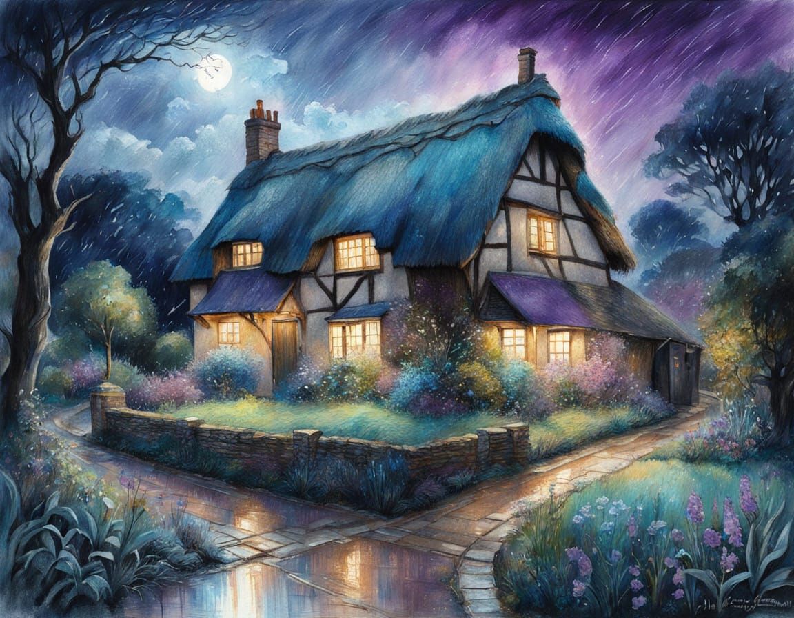 Enchanting Cottage Garden in Moonlight