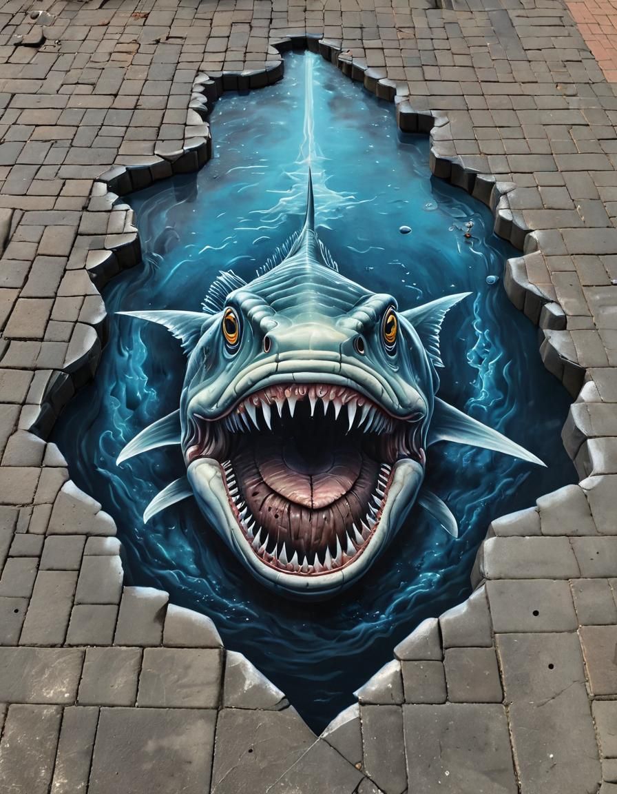 Monster fish street art with chalk  by @Tiny Pearl Cat