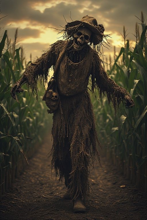 Creepy Evil undead scarecrow corners you in a corn maze in r...