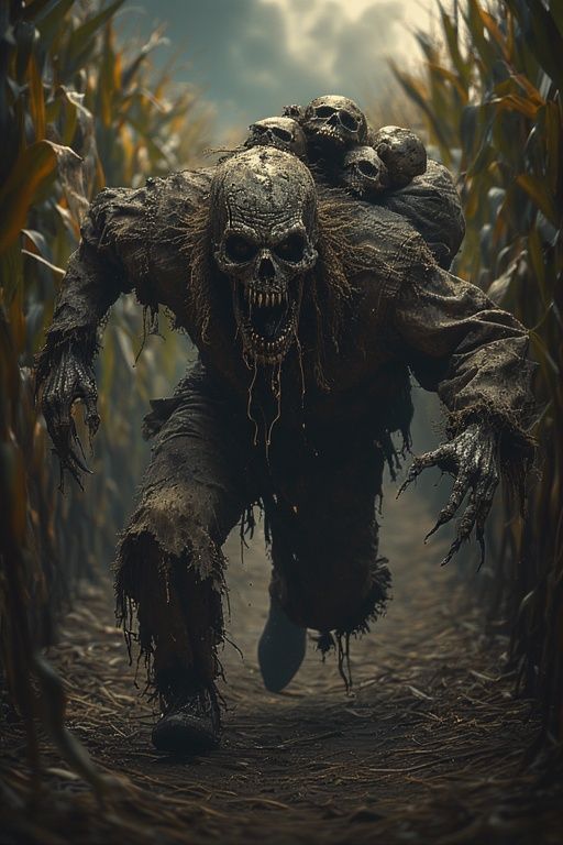 Creepy Evil undead drooling scarecrow carrying a sack on its back with human skulls in it mindlessly charges at you in a...