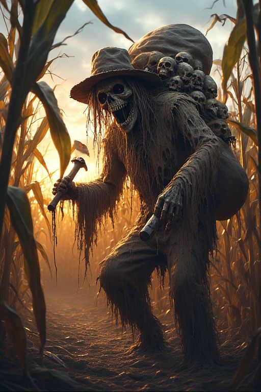 Creepy Evil undead scarecrow corners you in a corn maze in r...