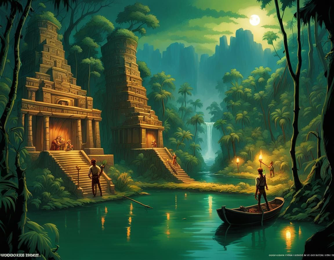 Monkey Island. Mayan temples in jungle. Voodoo green magic.