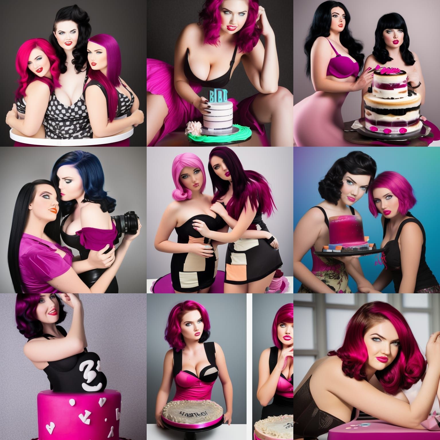 couple hot pin up kate upton black hair bob hairstyle and rita volk magenta  hair, on top of a huge cake lesbian - AI Generated Artwork - NightCafe  Creator