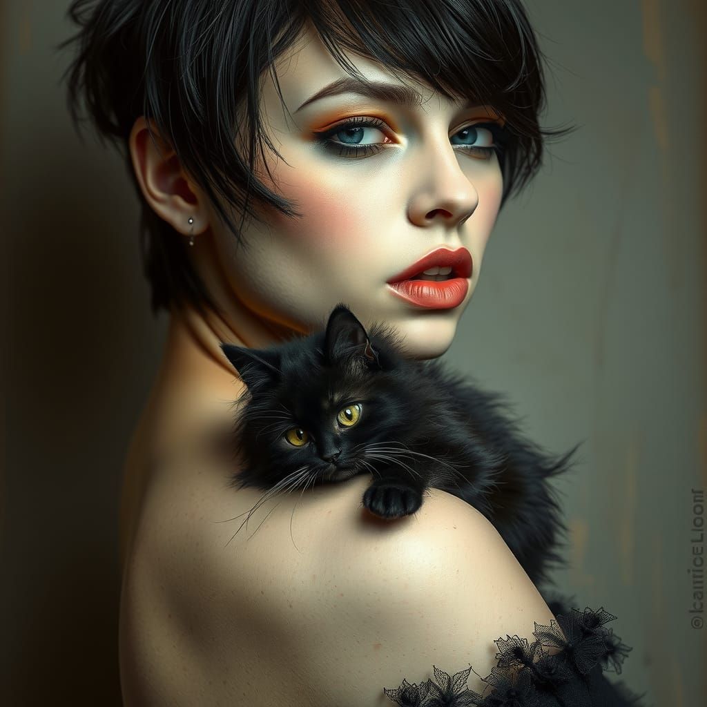 Brunette beauty and her cat friend  by @Valentin