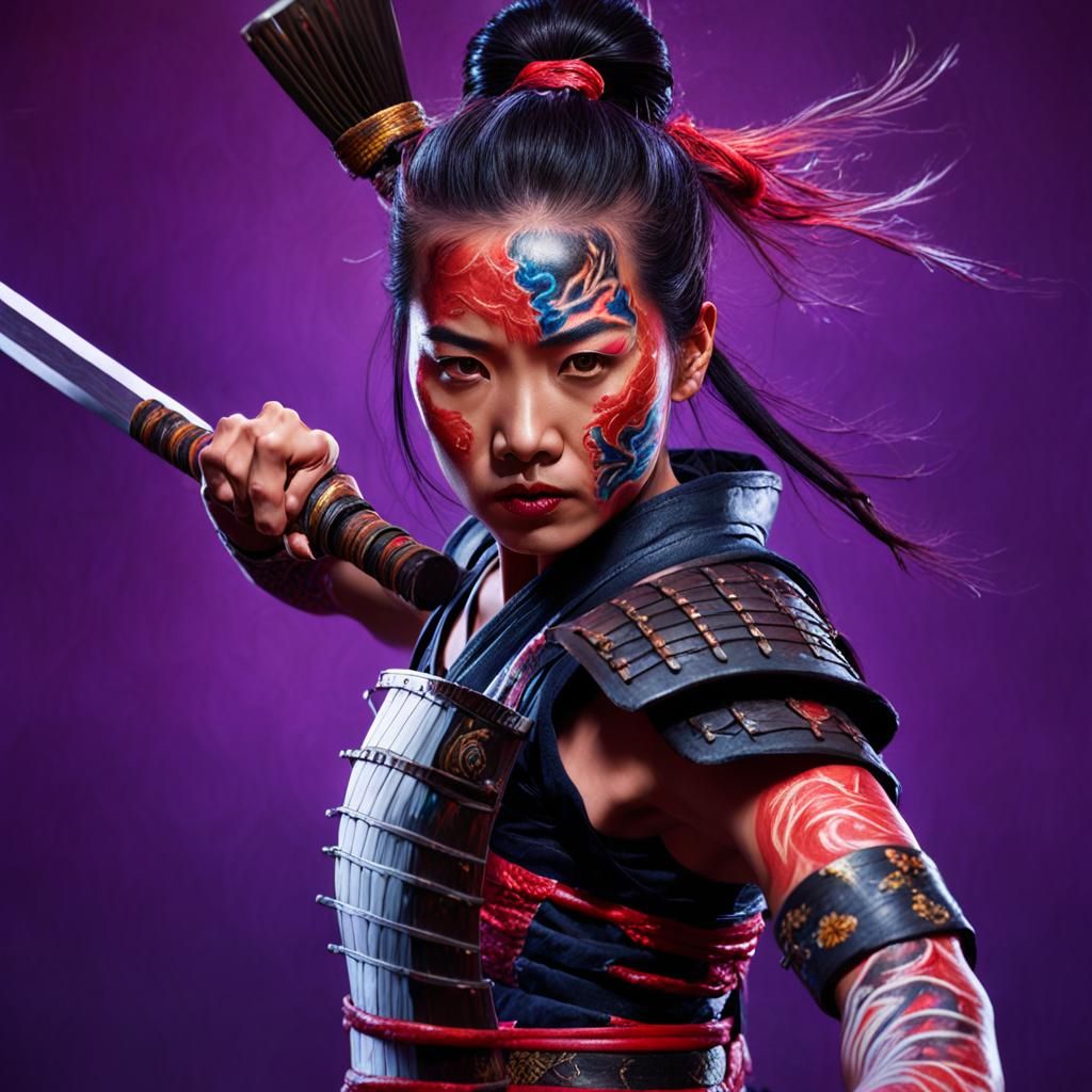 Asian warrior with body paint using a samurai sword