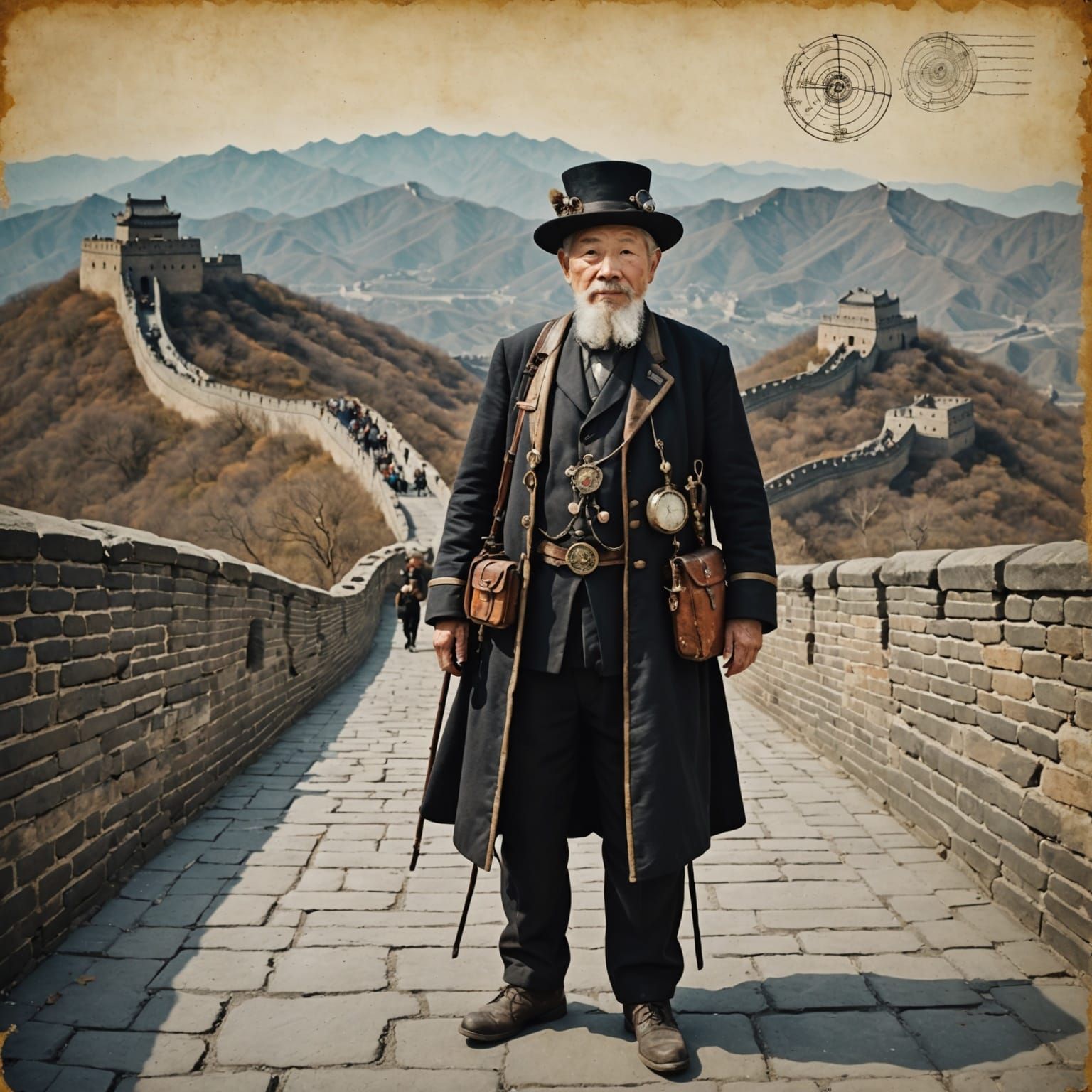 portrait full body elderly male steampunk globetrotter, Great Wall of China, craquelure scrapbooking, ...  by @Papy Ion