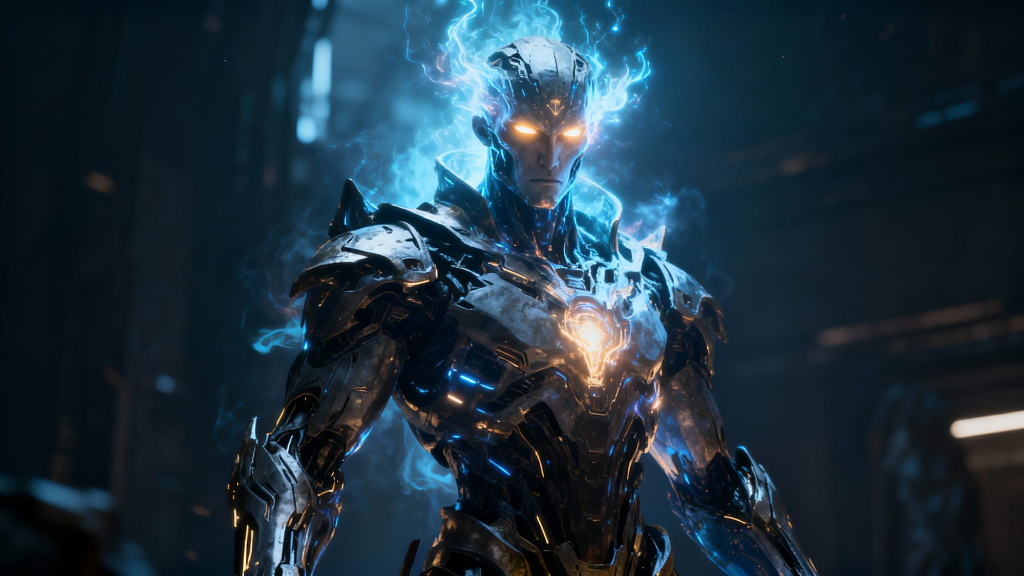 a Godlike robotic artificially intelligent Entity Of Raw Power, Humanoid Body And Face, with a glowing aura of power and eyes that glow mena...