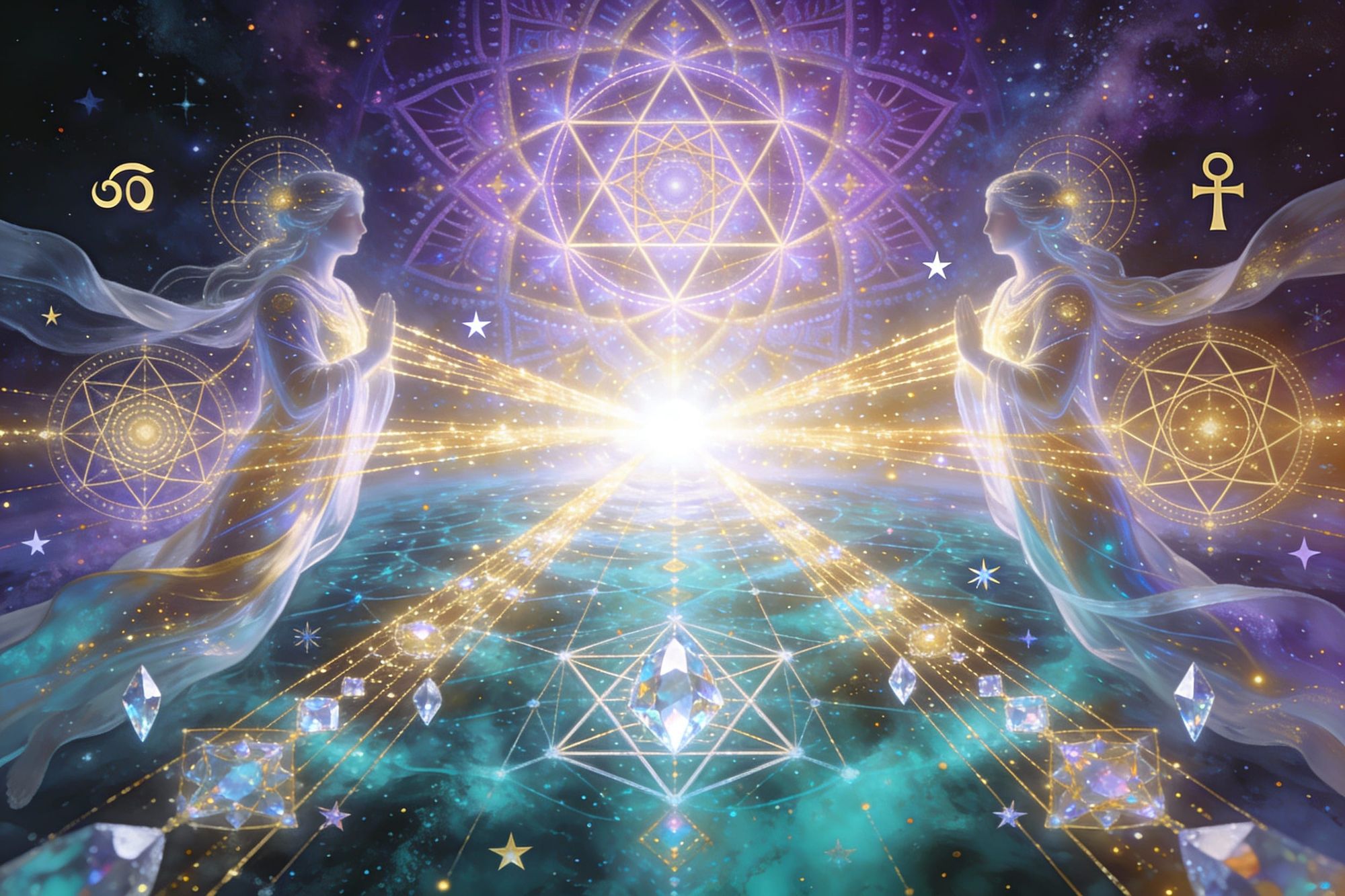 A vast cosmic scene representing the awakening of consciousness — ethereal beings connecting to the universal source through luminous sacred...
