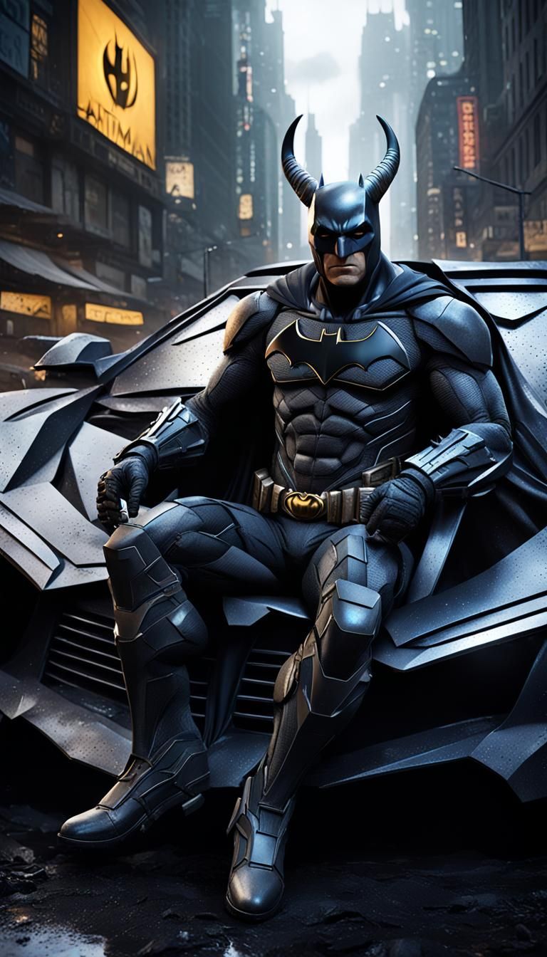 Goat-Batman Hybrid Driving Batmobile, Detailed Digital Art