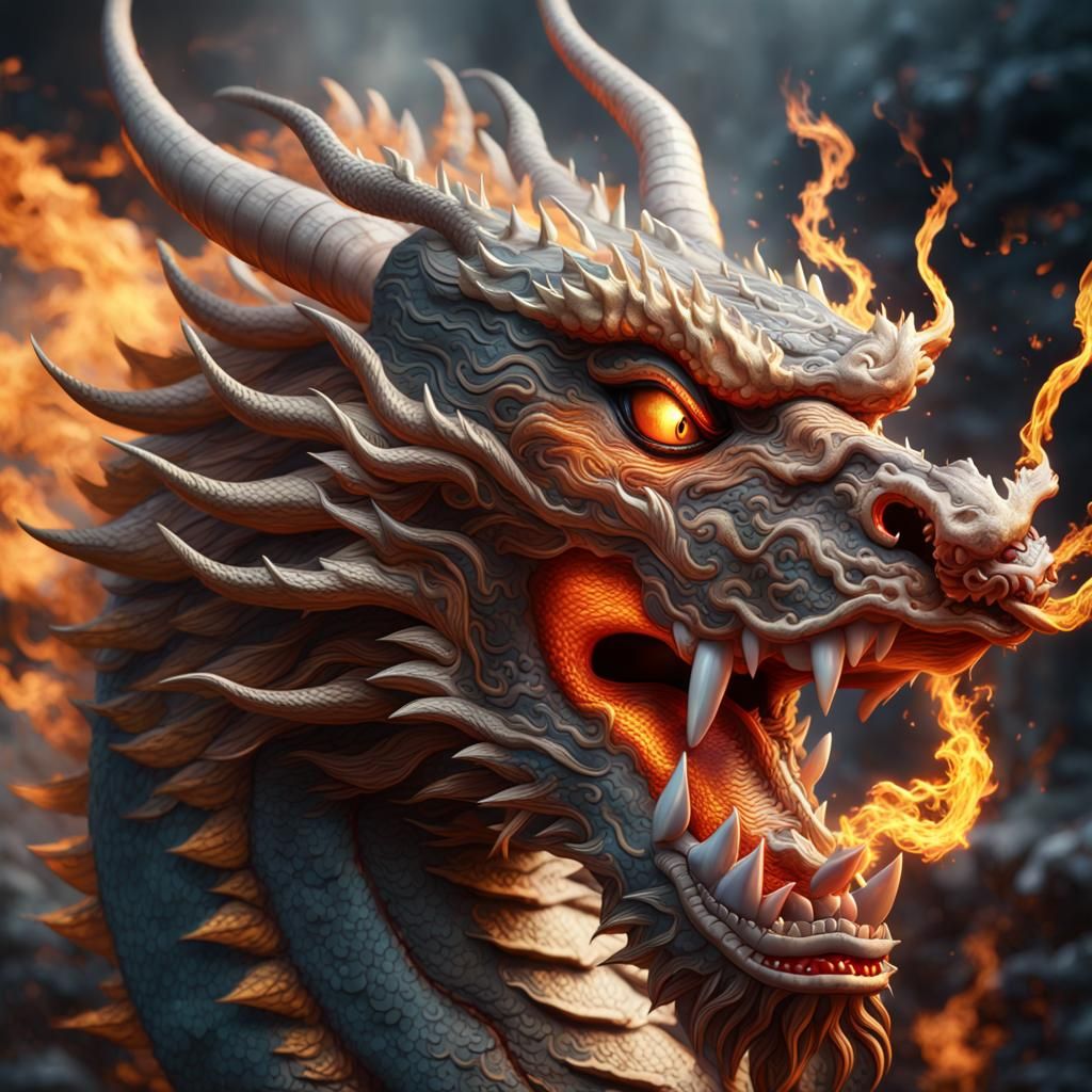 front face Chinese dragon blowing fire, showing teeth - AI Generated ...