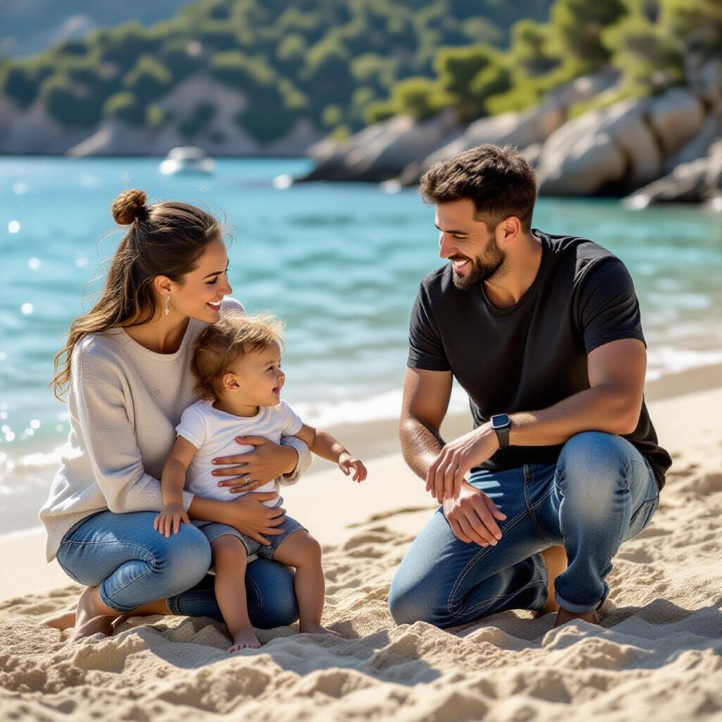 Father and Son Running on Sandy Beach