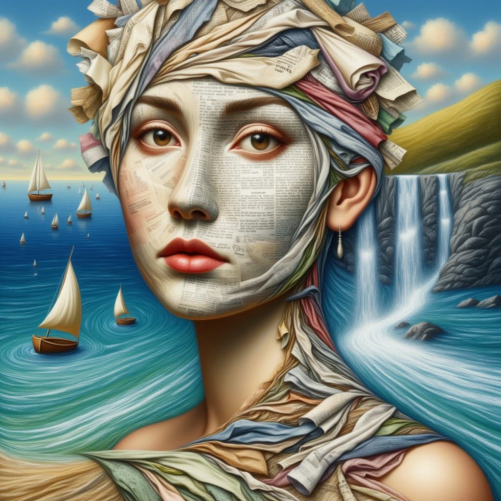 <lora:kak-FabricFace:1.0>Face, mixed media newspaper, fabrics, shore, boats, waterfall.