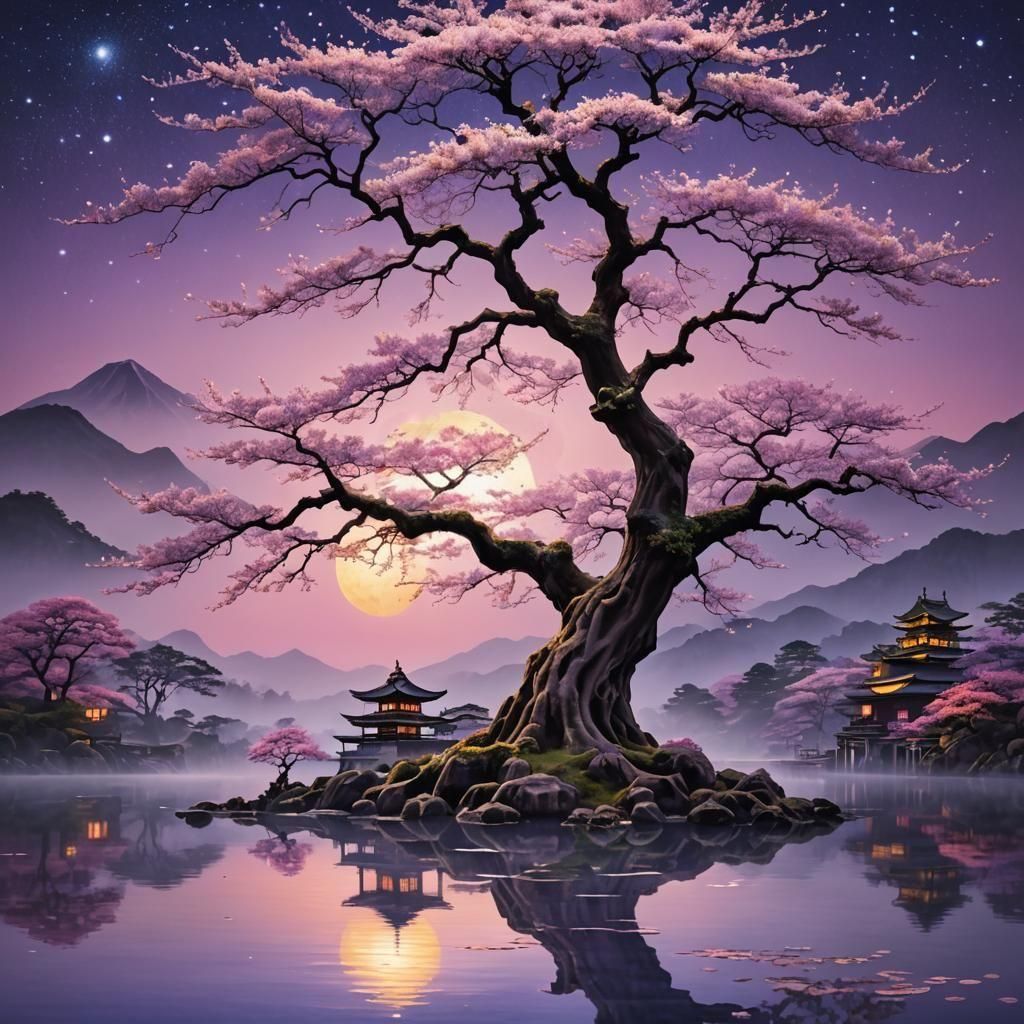 A beautiful ancient sakura tree in front of a lake. Mountain...