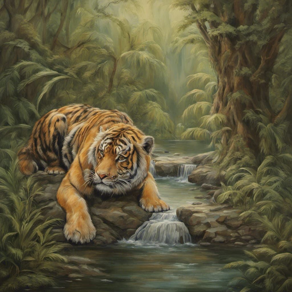 Tiger - Fishing in Stream - AI Generated Artwork - NightCafe Creator