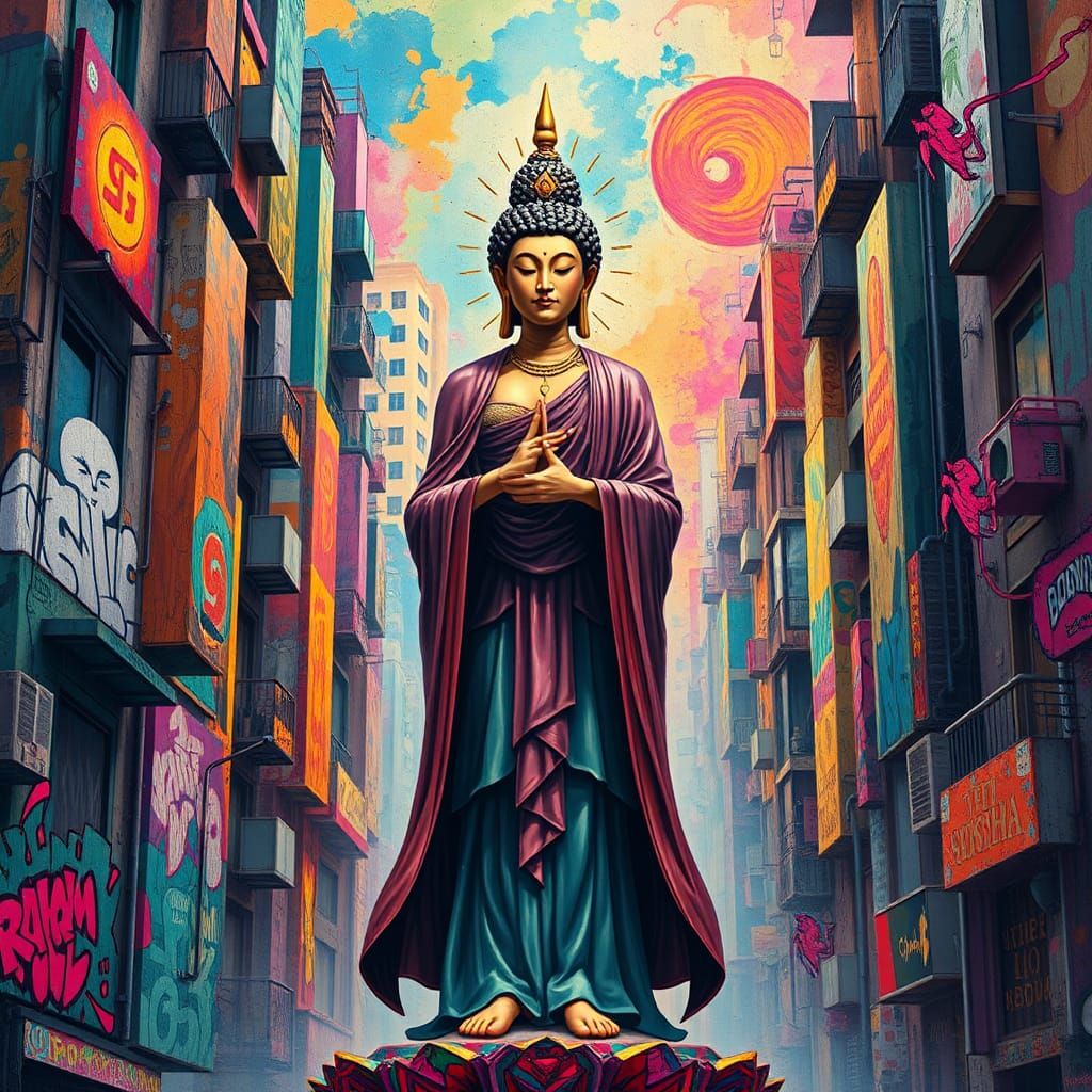 Bodhisattva Mosa in Surreal Comic-Graffiti Cityscape