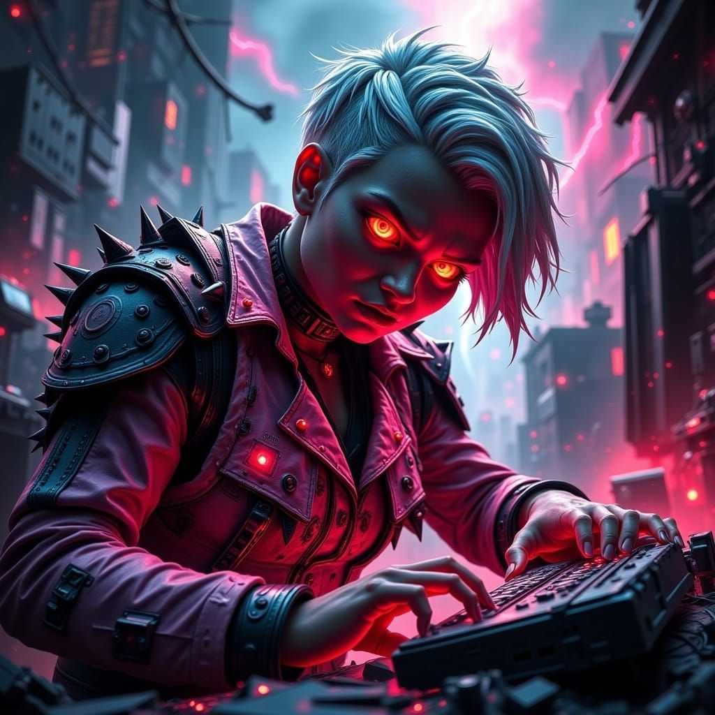 an award-winning HDR 3D painting of a dynamic close-up of a cute cyborg girl with stylish and neon white gothic hair and hacker computer wit...