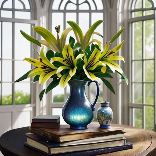 Alstroemeria flowers in pretty vase with books