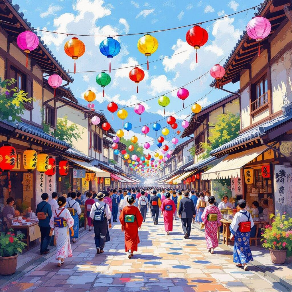 Vibrant Street Festival with Lanterns in Impressionistic Sty...