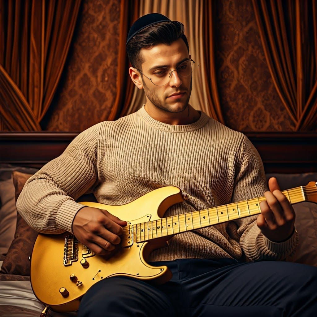 Luxurious Young Musician Plays Golden Guitar in Warm, Earthy...