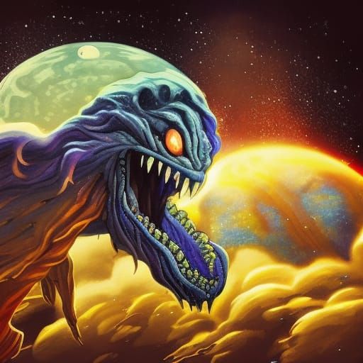A monster in space next to a bunch of planets
