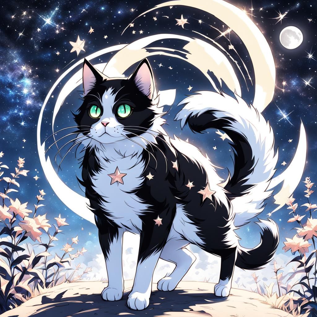 Anime Cat with Shooting Stars and Moon