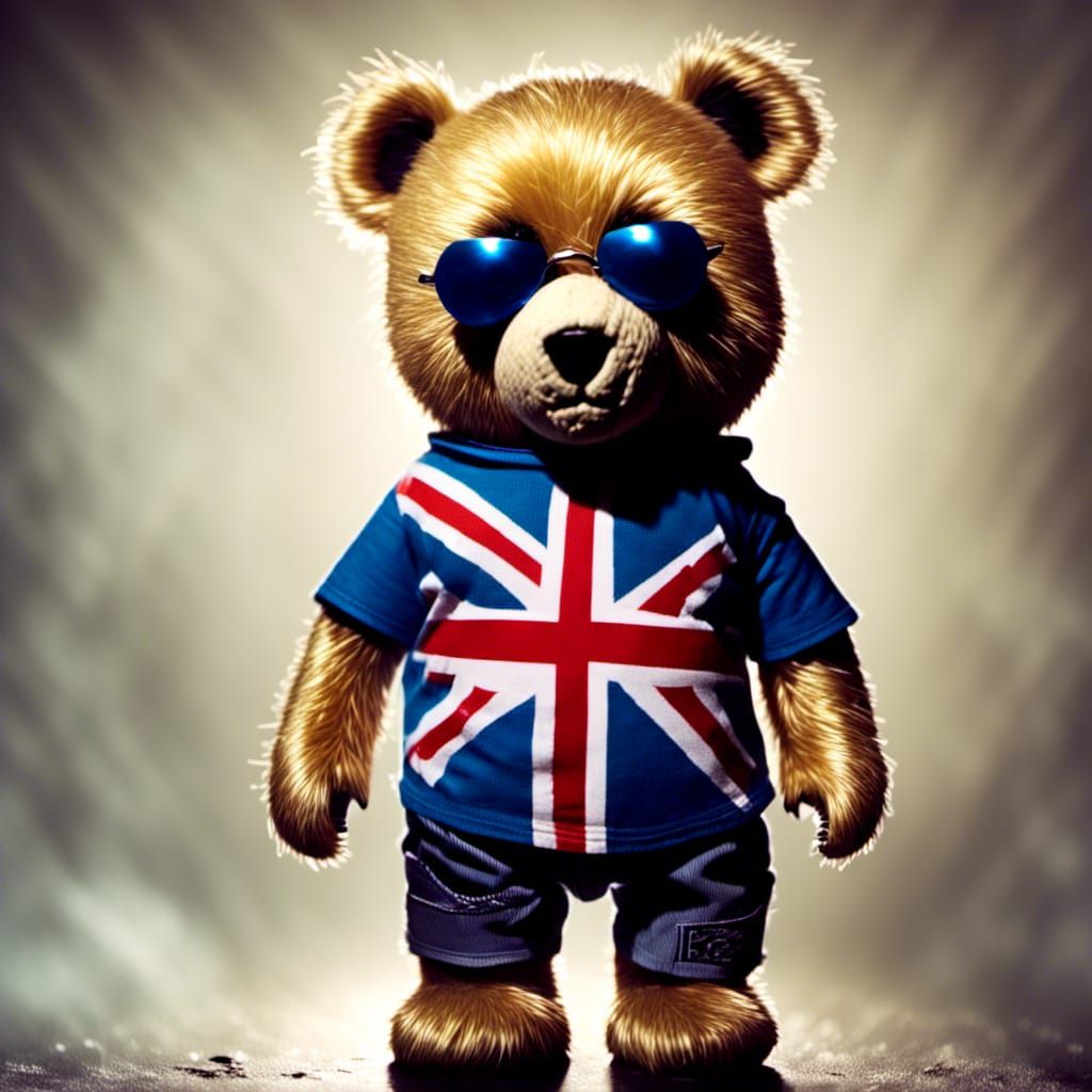 "Rebel Without A Paws": A classic golden teddy bear with a tattered Union Jack t-shirt and safety pin earrings. Its big blue eyes have a mis...