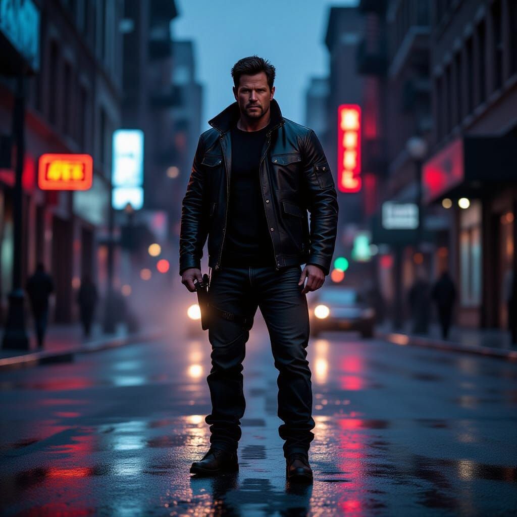 Mark Wahlberg on Gritty Urban Street at Twilight