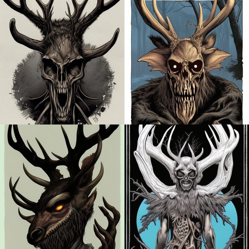 Black wendigo wearing a deer skull