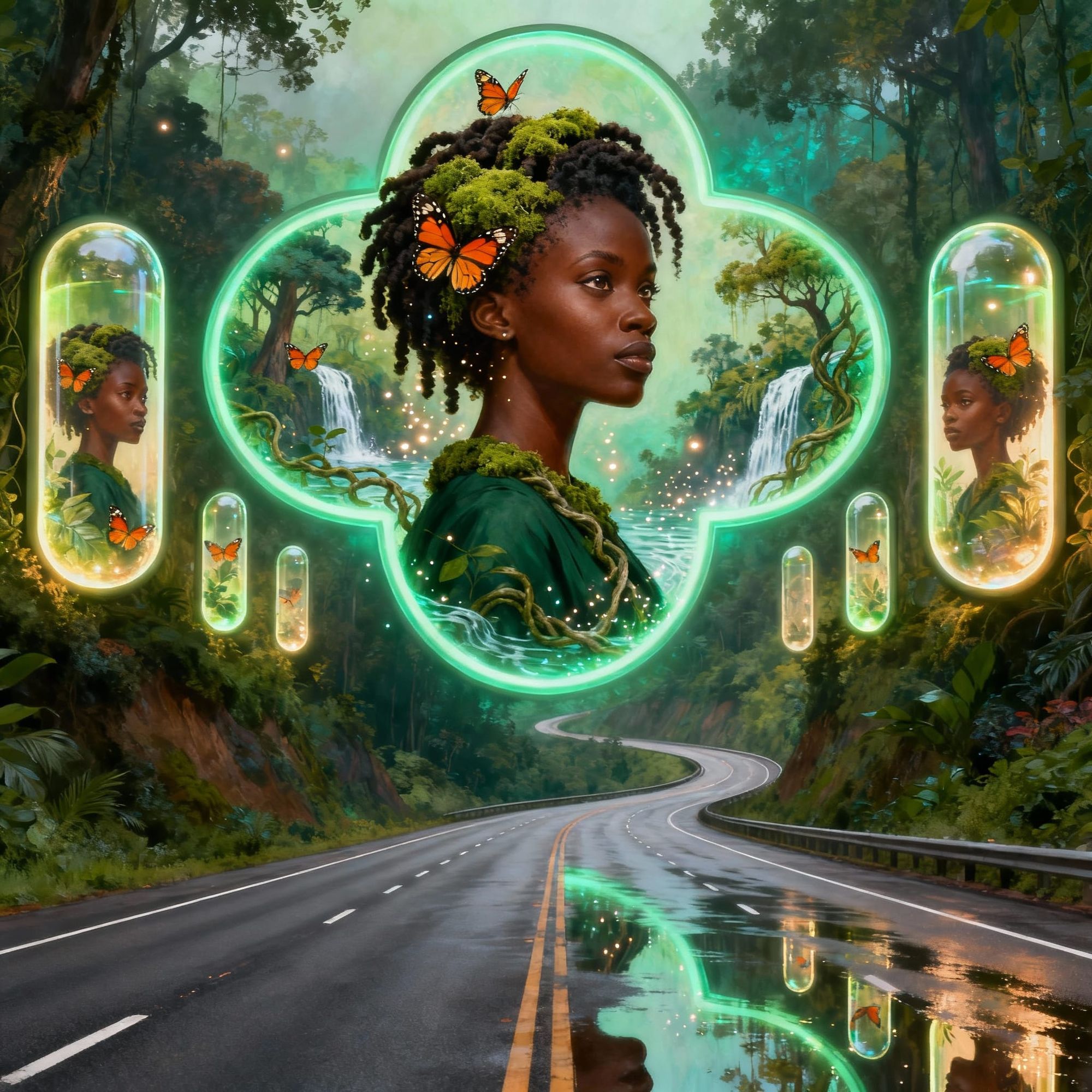 {
  "prompt": "A wide, 10-lane highway extends into the distance, cutting through a vibrant, lush, and dense forest. The highway is straight...