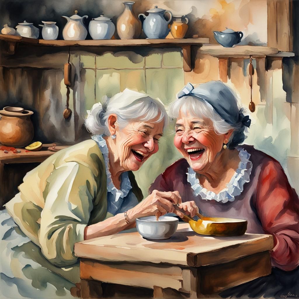 "two old women laugh as they sit in a warm cozy farmhouse kitchen with a log fire in loose watercolor ...  by @Wizard red
