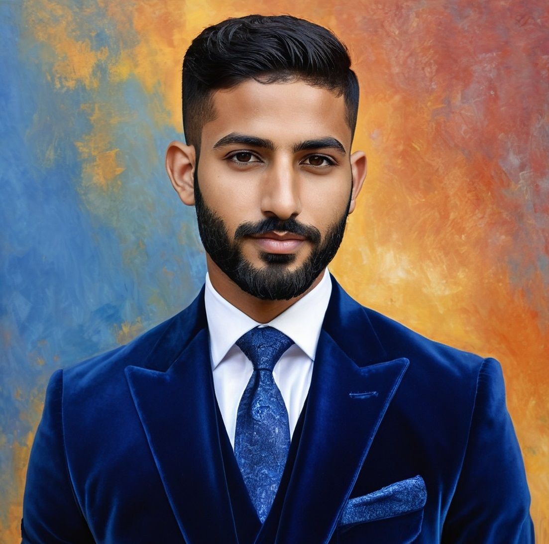 A handsome bearded man  wearing a blue velvet suit