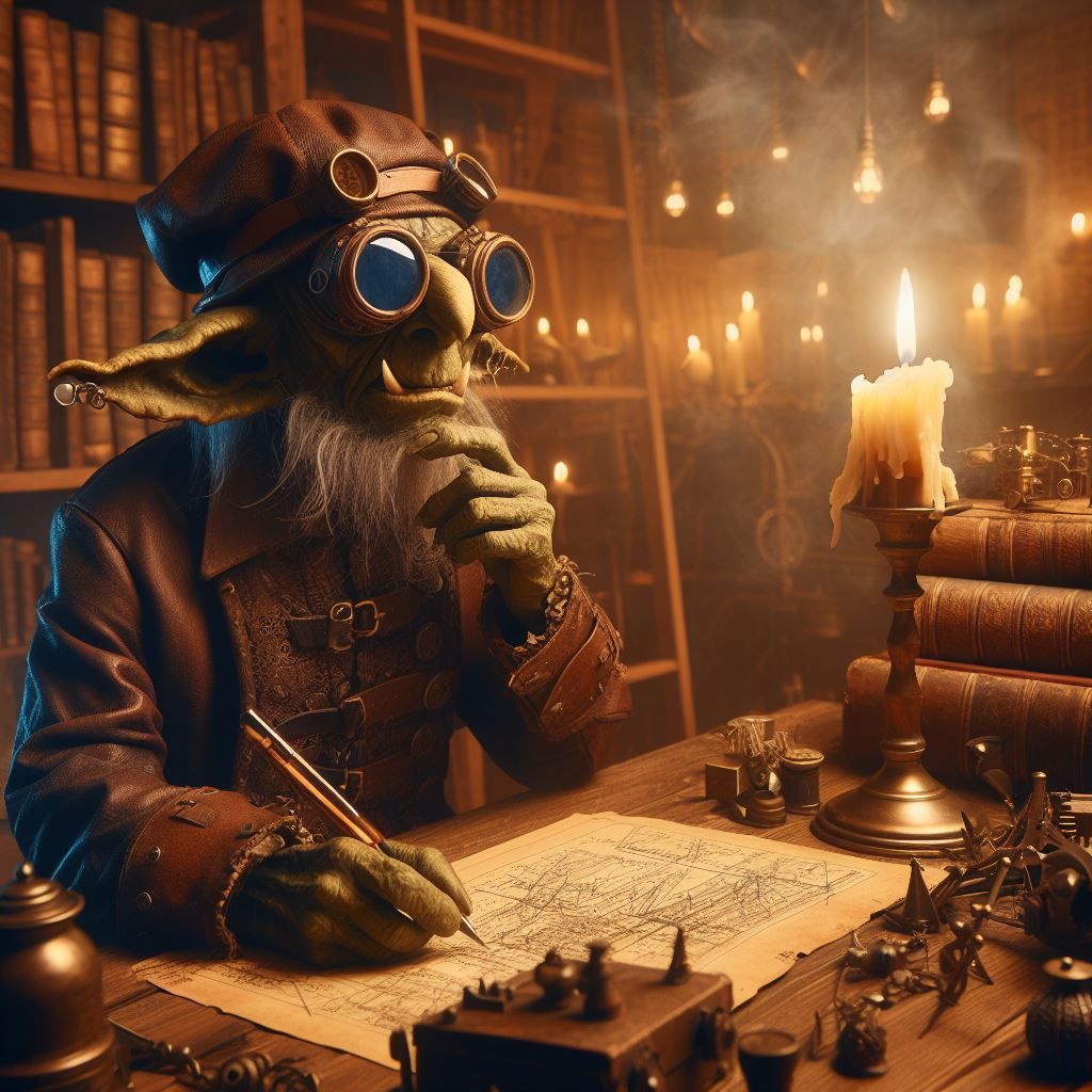 steampunk goblin engineer working on a layout