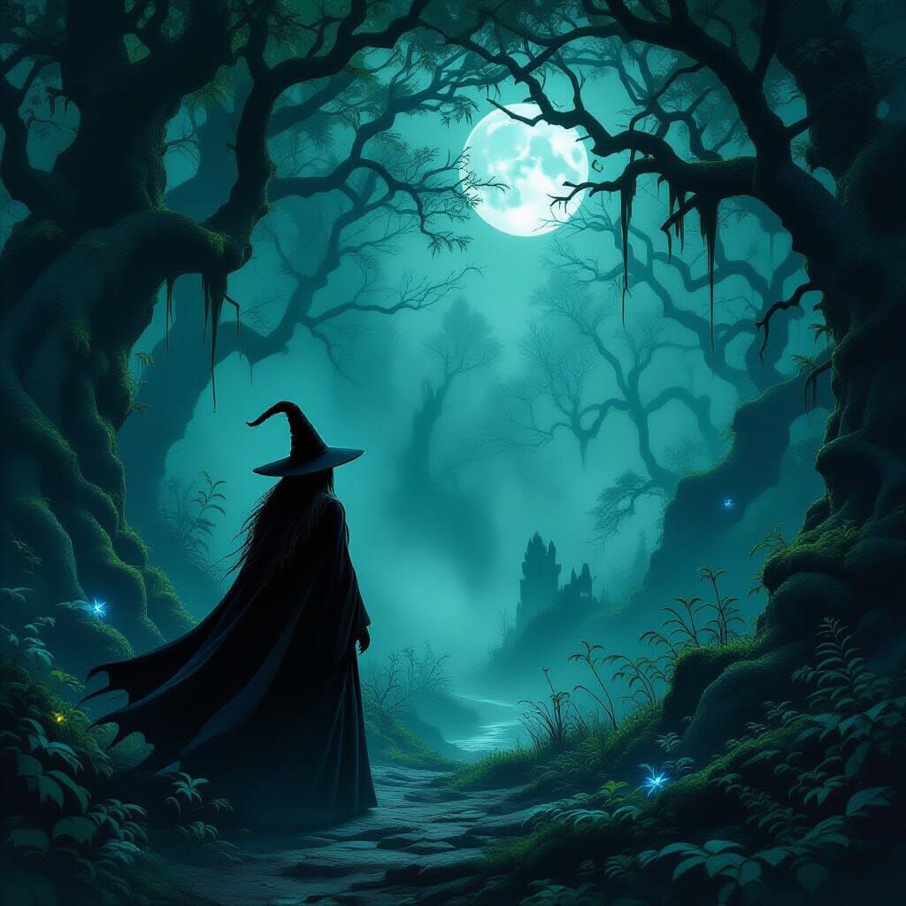 A solitary witch with flowing robes and a pointed hat, standing at the edge of a dense, ancient forest. Moonlight filters through the thick ...