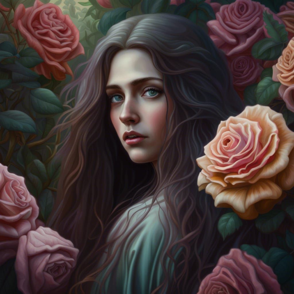 Most beautiful melancholy woman ever in rose garden hyper detailed
