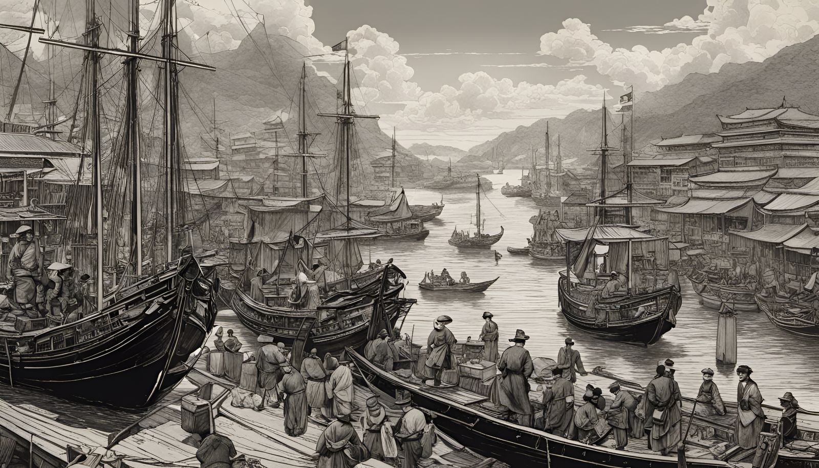 Pen and ink -  Hong Kong Harbor - 1890