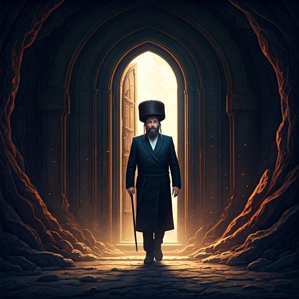 Hasidic Man Emerges in Mystical Twilight Scene