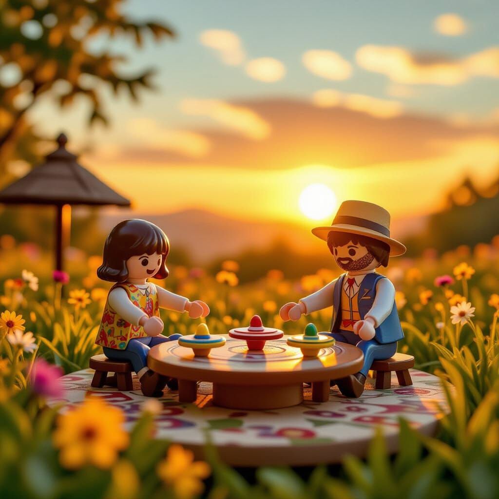 Playmobil Figurine Plays With Spinning Tops at Festival
