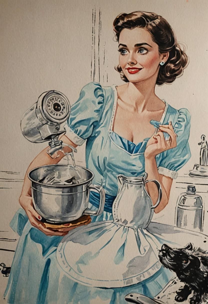 A (((very long brunette hair))) with (light blue-grey big eyes) beautiful woman ((beautiful 25 year old)) ((housewife)) drawing in the style...