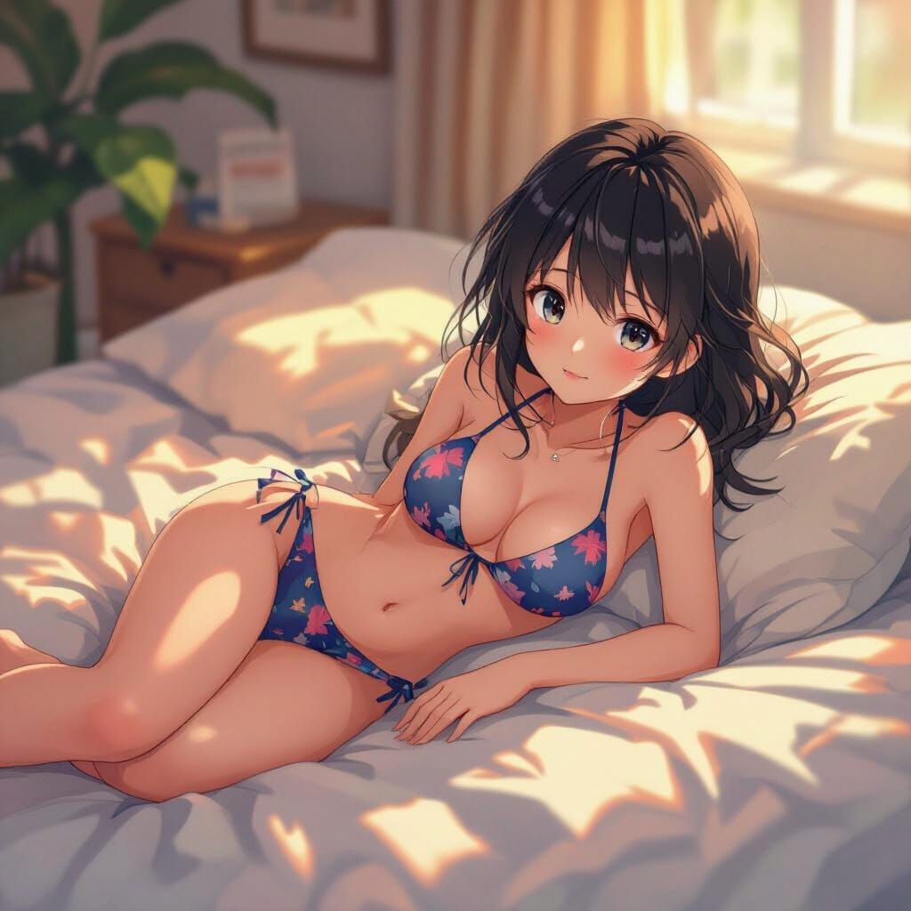 Anime Girl in Bikini Rests on Bed
