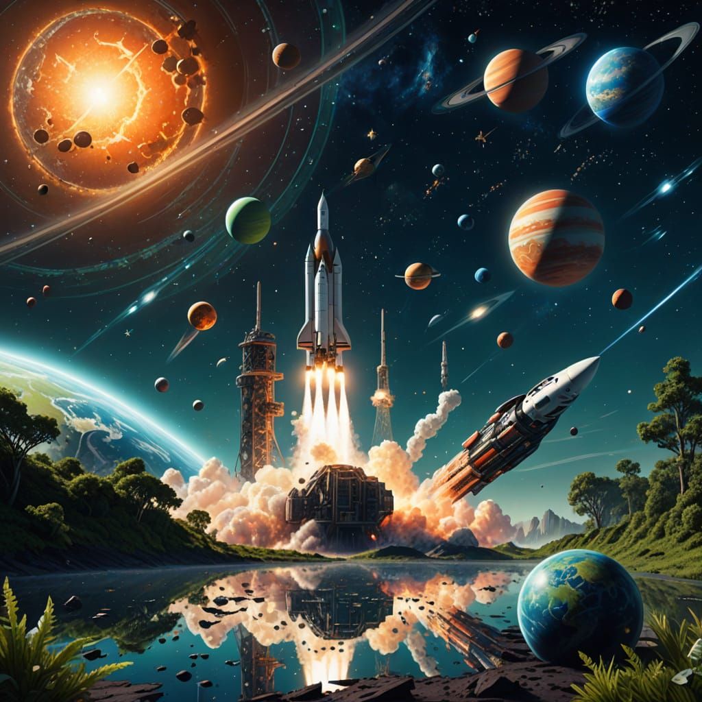 A rocket ship blasting off into a sky full of stars and planets. The view should be taken from the right ...  by @XYZABC 