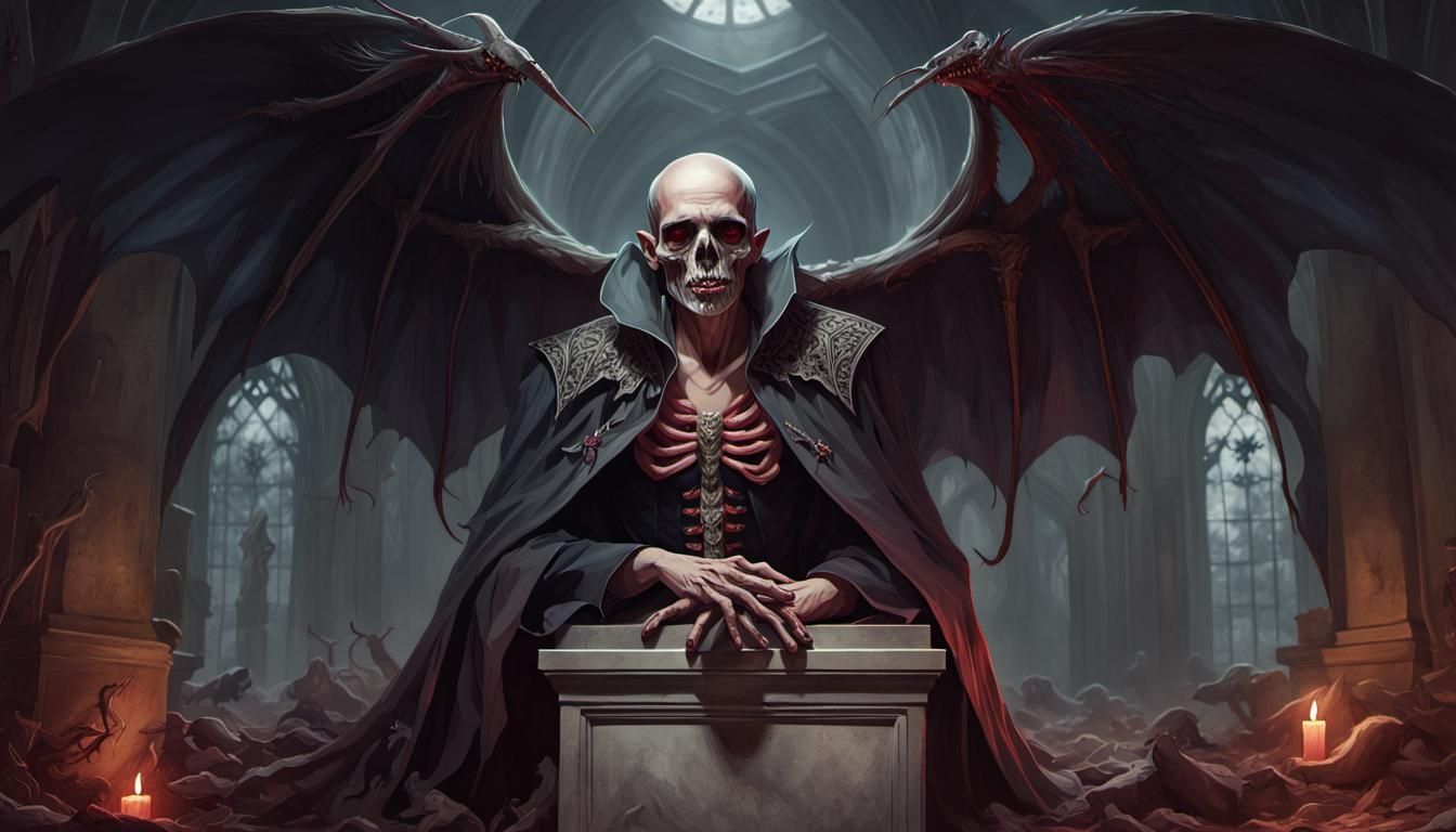 huge winged squeleton male vampire capturing the soul of his...